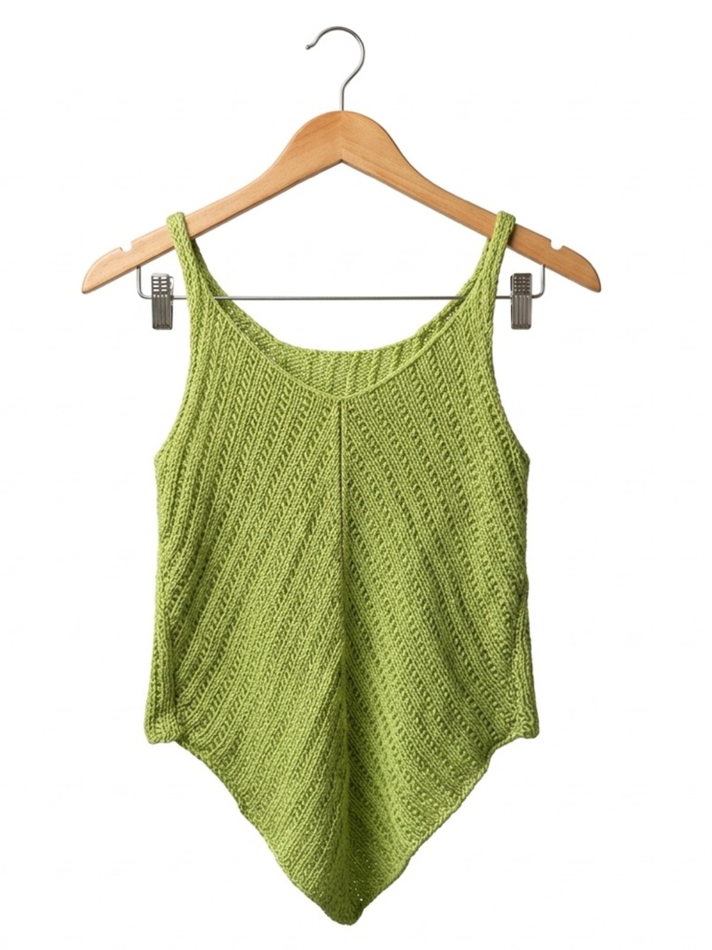Y2K Fairycore Pixie Hem Knit Tank Top Lime Green Pointelle Asymmetrical Boho S